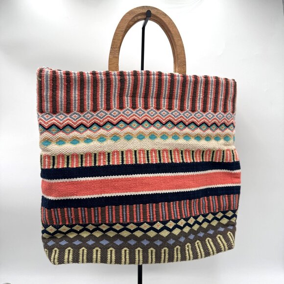 J Jill Handbags - J Jill Multicolored Woven Cotton Tote Bag with Wood Handles Boho bohemian summer